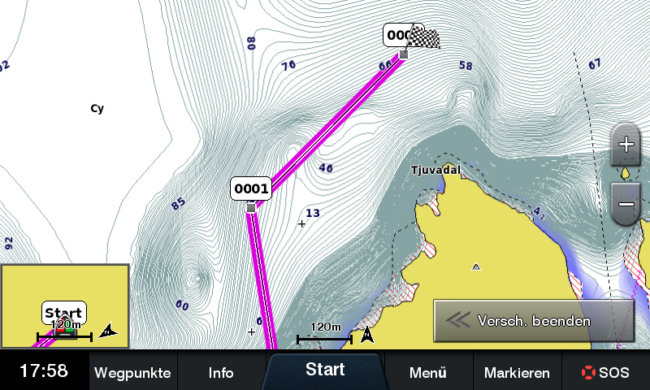 Digital nautical chart with depth contours and marked areas