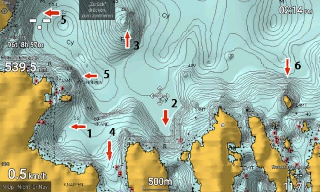 Chartplotter view with depth contours and highlighted underwater structure