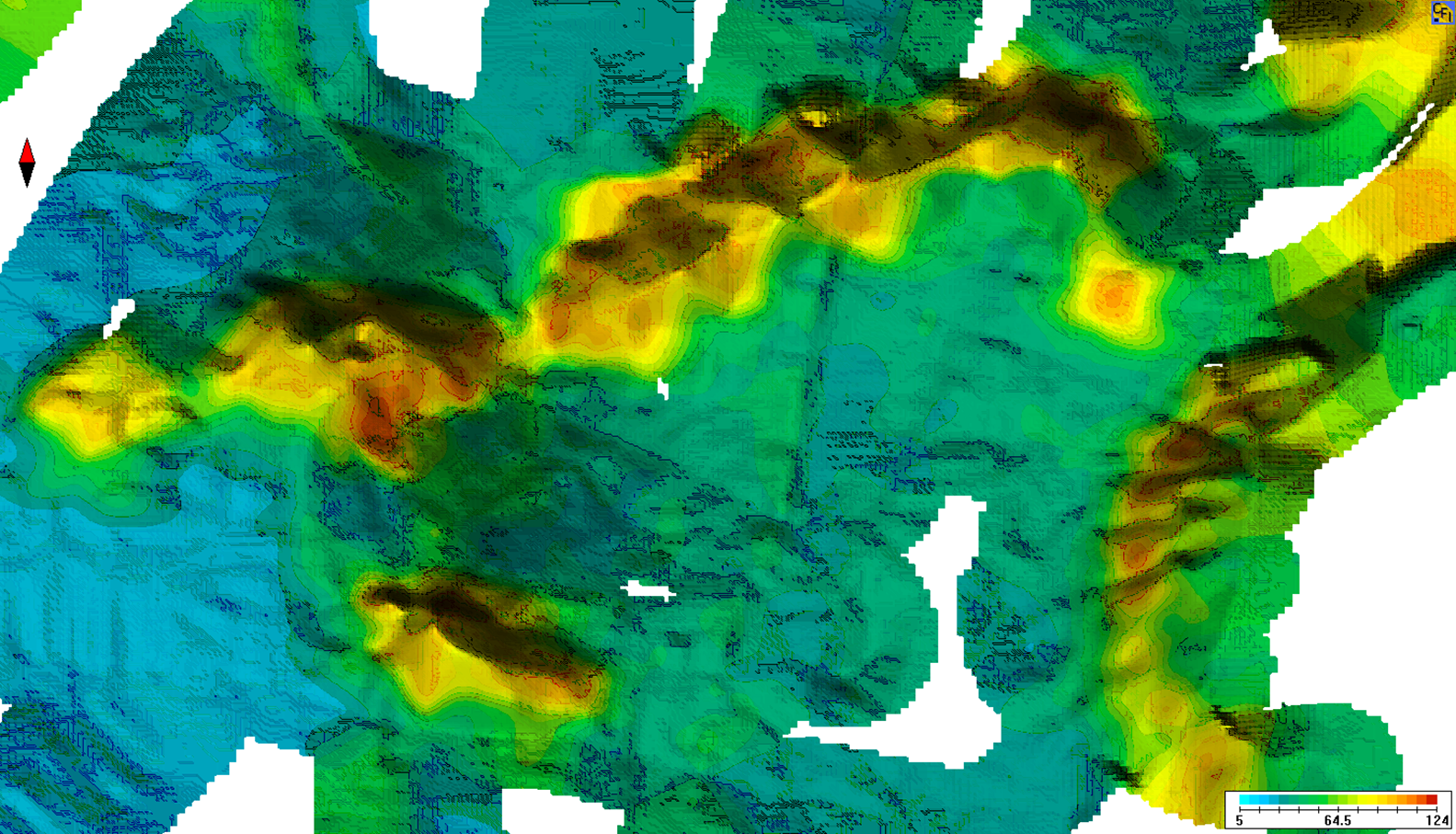 Bottom hardness map of a lake area with differently marked zones